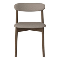 Neutral taupe fabric seat and backrest with dark wooden legs. Minimalist design with a smooth, modern finish.