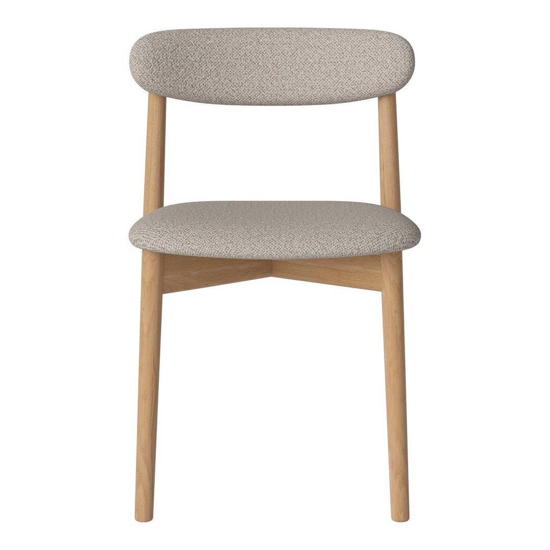 Light beige chair with a textured fabric seat and natural wood legs, featuring a minimalist design.