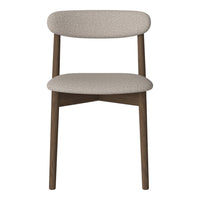 Minimalist chair with a beige fabric seat and back, featuring wooden legs in a warm brown finish.