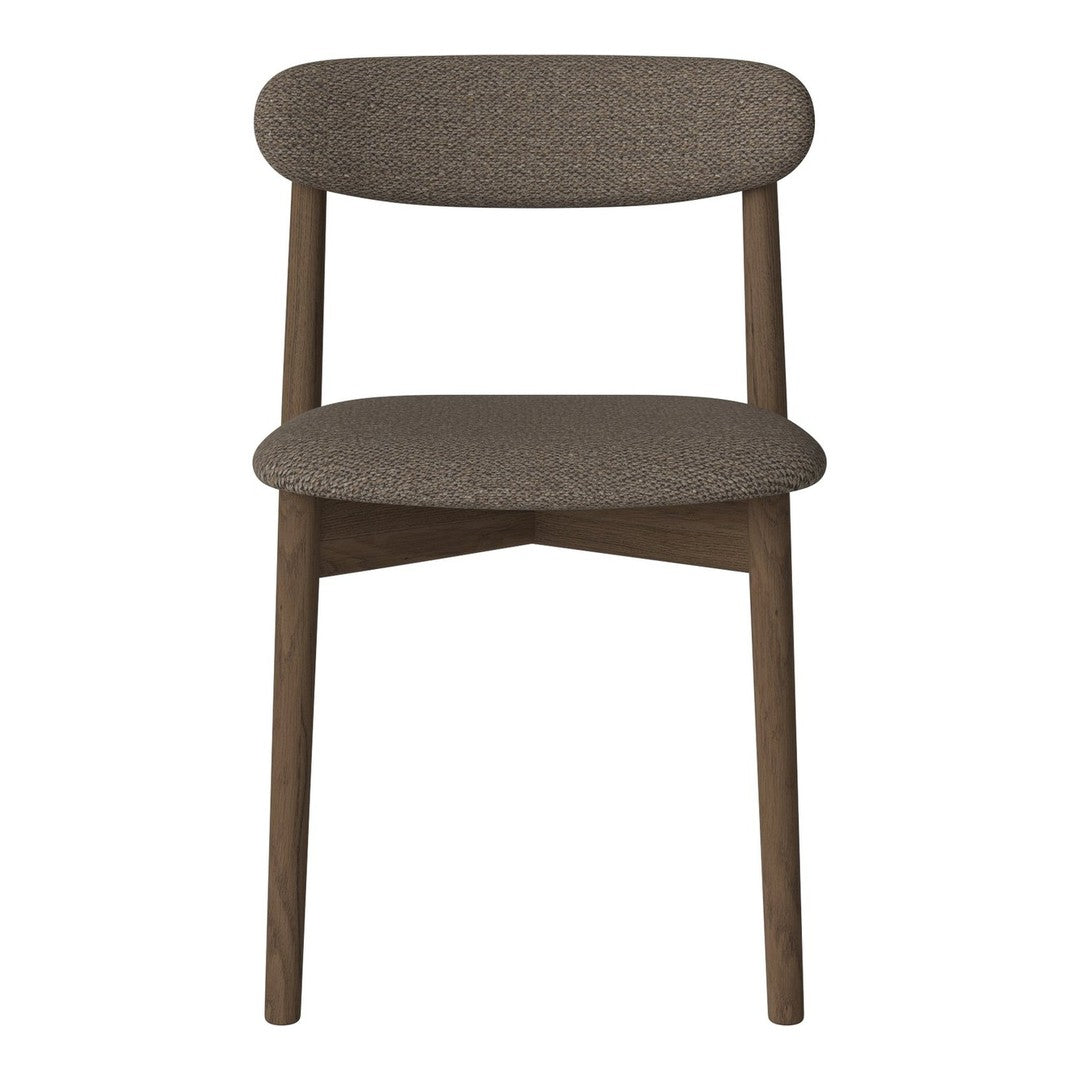 Brown upholstered chair with a minimalist design and simple, textured fabric pattern. Perfect for modern decor.