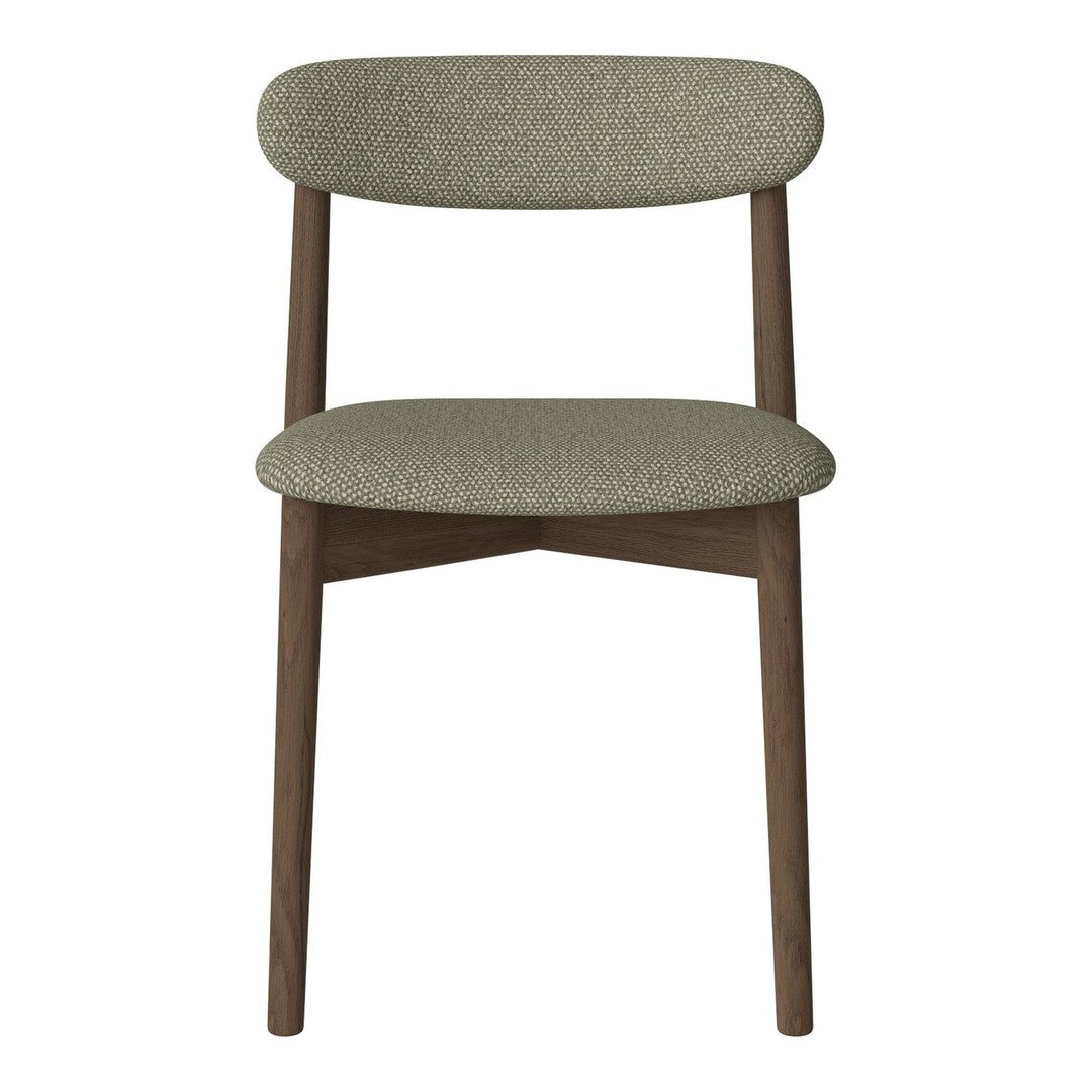 Olive green fabric chair with a smooth texture and wooden legs, combining modern and minimalist design elements.