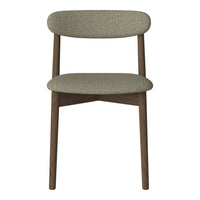 Olive green fabric chair with a smooth texture and wooden legs, combining modern and minimalist design elements.
