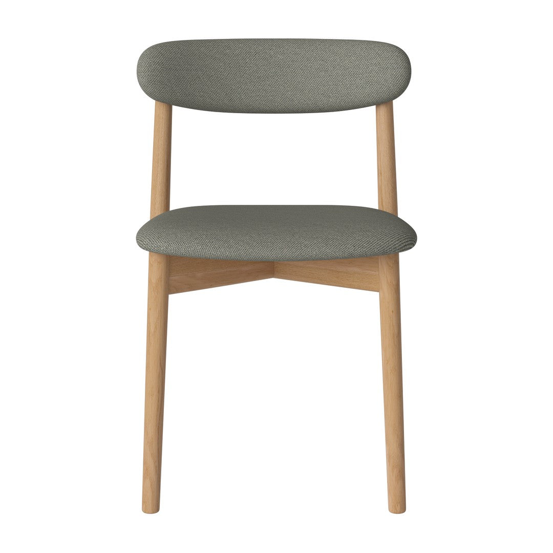 Gray upholstered chair with a smooth, simple design and natural wood legs. Perfect for modern interiors.