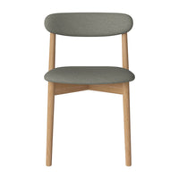 Gray upholstered chair with a smooth, simple design and natural wood legs. Perfect for modern interiors.