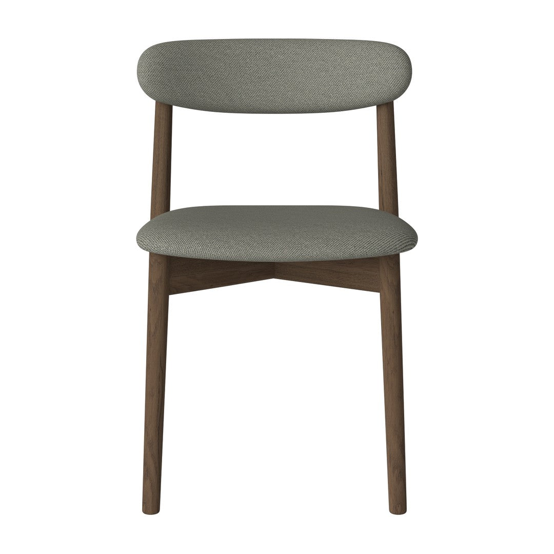 Grey upholstered chair with a simple, sleek design and natural wood legs. Ideal for modern decor.