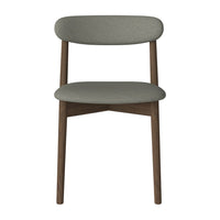 Grey upholstered chair with a simple, sleek design and natural wood legs. Ideal for modern decor.
