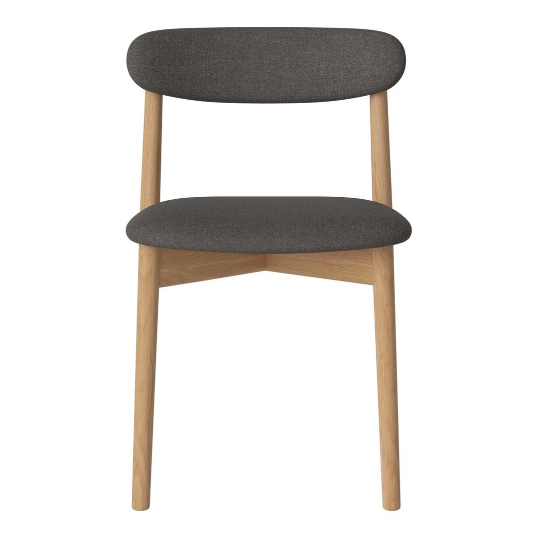 Gray upholstered chair with a smooth finish, complemented by natural wood legs and simple, modern design.