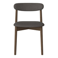 Gray upholstered chair with a smooth finish and wooden legs, featuring a minimalist design.