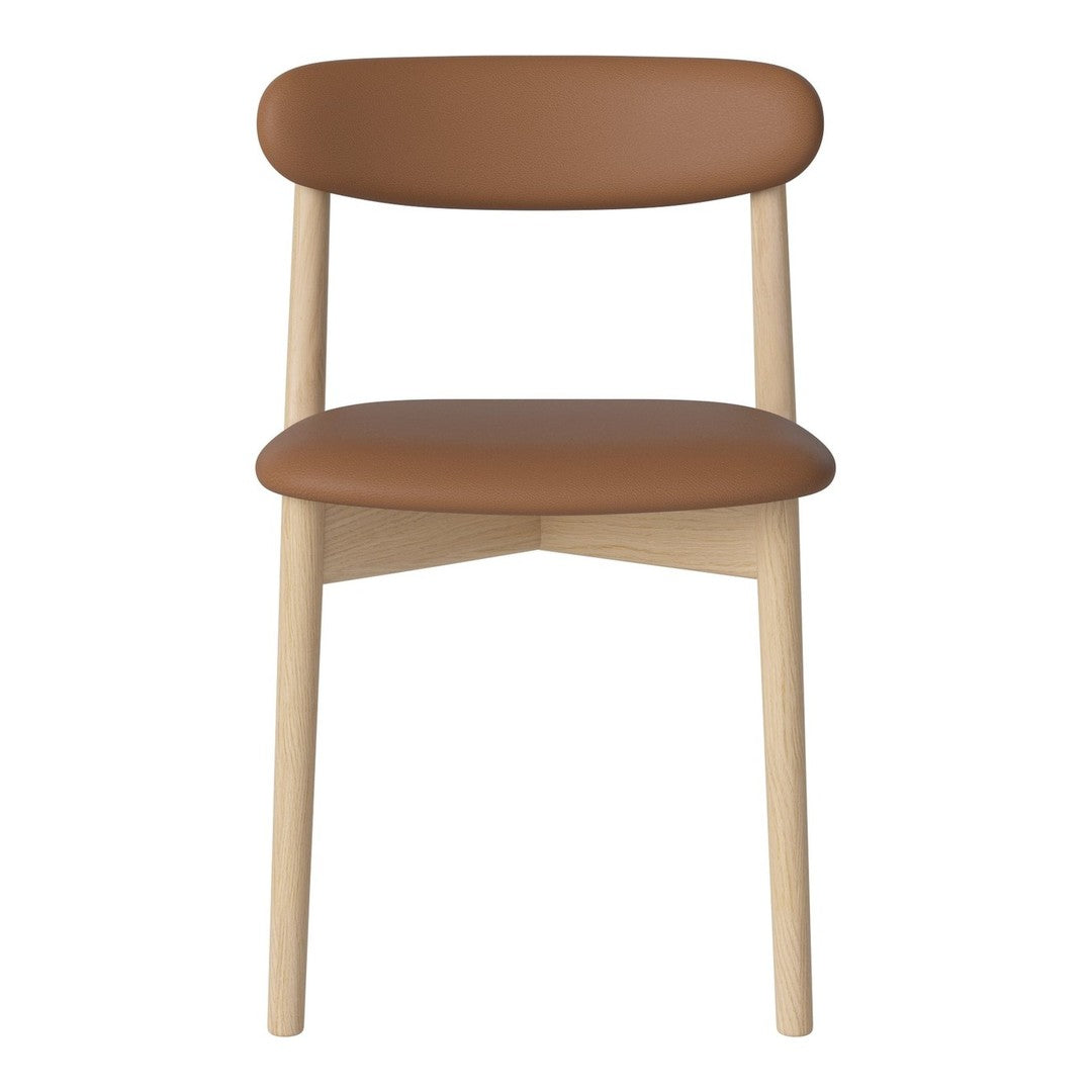 Brown leather chair with a sleek design and light wooden legs, featuring a minimalist, contemporary style.