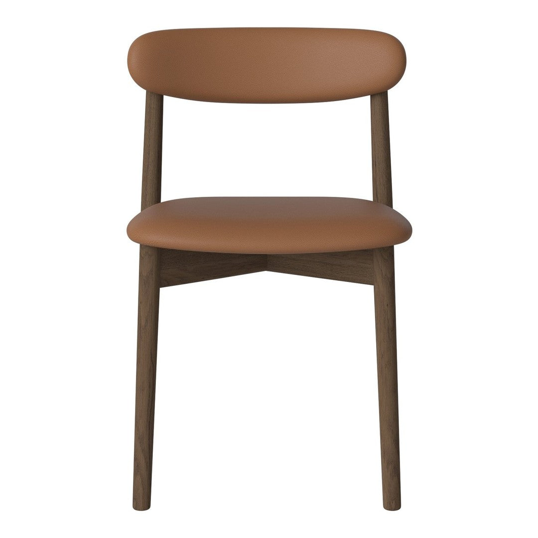 Brown leather seat and backrest with a sleek wooden frame, showcasing a minimalist design and warm tones.
