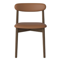 Brown leather seat and backrest with a sleek wooden frame, showcasing a minimalist design and warm tones.