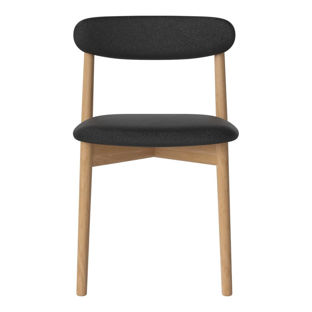 Modern black upholstered chair with natural wood legs, featuring a minimalist design and sleek curves.