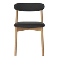Modern black upholstered chair with natural wood legs, featuring a minimalist design and sleek curves.