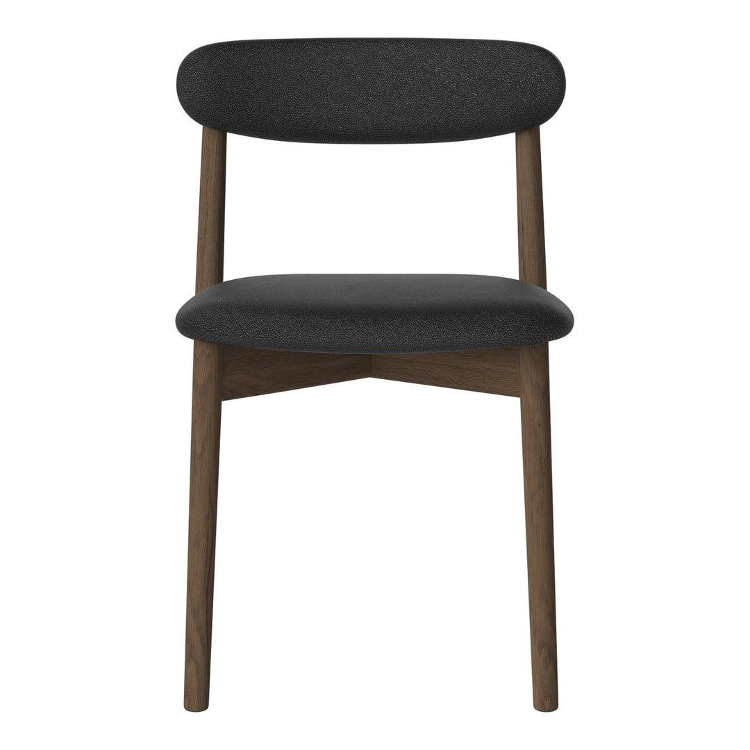 Modern black upholstered chair with a smooth, minimalist design and warm wood legs. Perfect for contemporary decor.