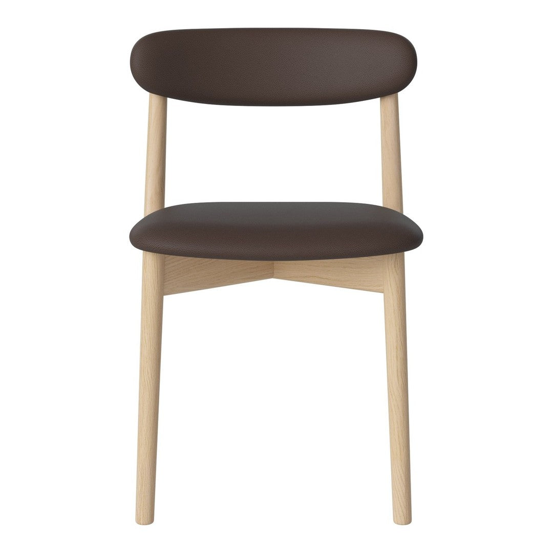 Brown upholstered chair with a light wooden frame, featuring a simple, modern design and clean lines.