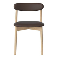 Brown upholstered chair with a light wooden frame, featuring a simple, modern design and clean lines.