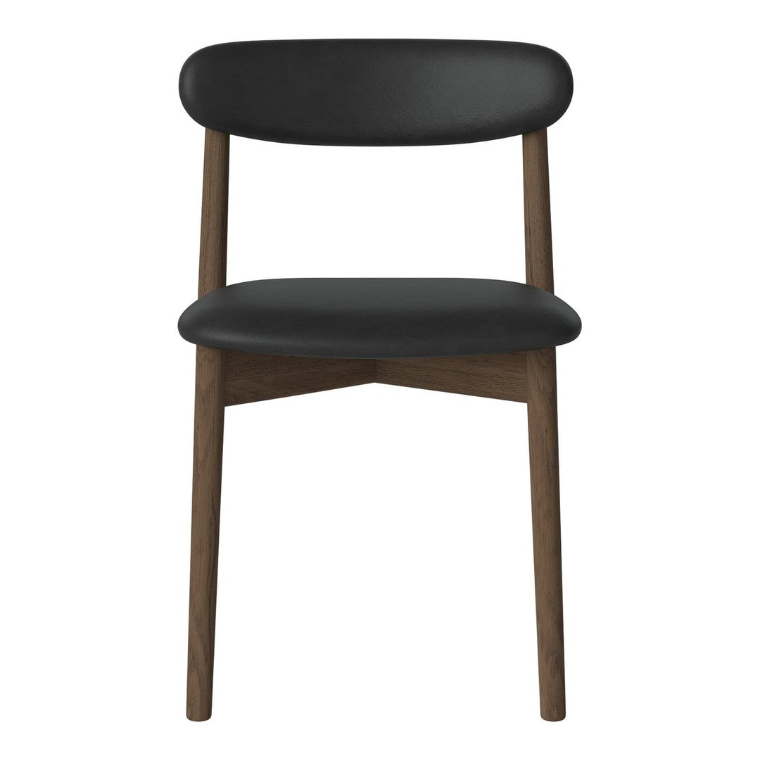Black upholstered chair with a smooth finish and natural wood legs. Minimalistic design with a modern touch.