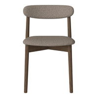 Brown upholstered chair with a textured pattern and dark wooden legs, featuring a minimalist design.
