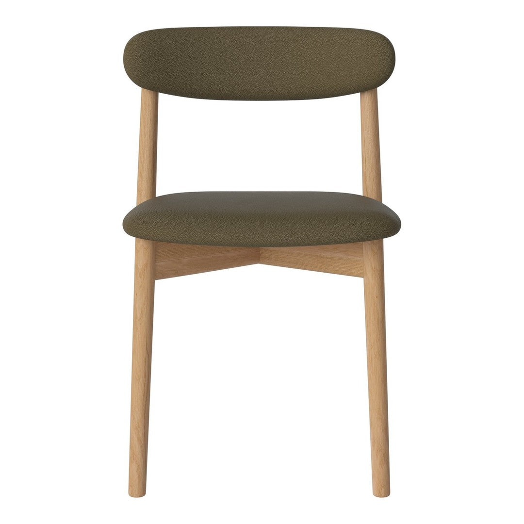 Olive green upholstered chair with natural wood legs, featuring a minimalist design and smooth, curved lines.