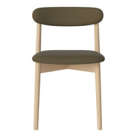 Green upholstered chair with a minimalist design and light wood legs, featuring smooth, solid colors with no patterns.