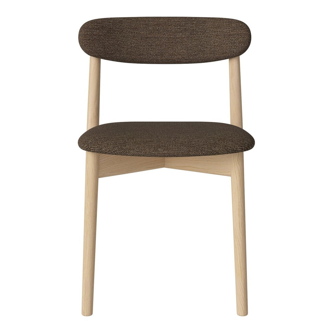 Brown fabric chair with a smooth backrest and rounded seat, featuring light wooden legs for a modern look.