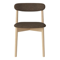 Brown fabric chair with a smooth backrest and rounded seat, featuring light wooden legs for a modern look.