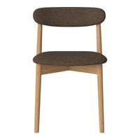 Brown upholstered chair with a smooth finish and light wooden legs, featuring a minimalist and modern design.