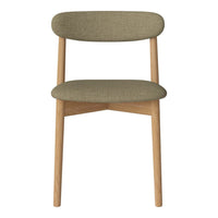 Olive green fabric upholstery with a minimalistic design, paired with natural wood legs for a modern look.