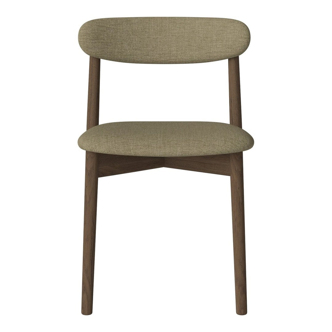 Olive green fabric chair with a smooth, minimalist design and natural wood legs. Perfect for modern interiors.