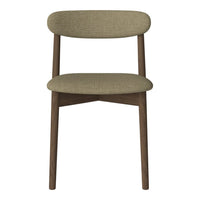 Olive green fabric chair with a smooth, minimalist design and natural wood legs. Perfect for modern interiors.