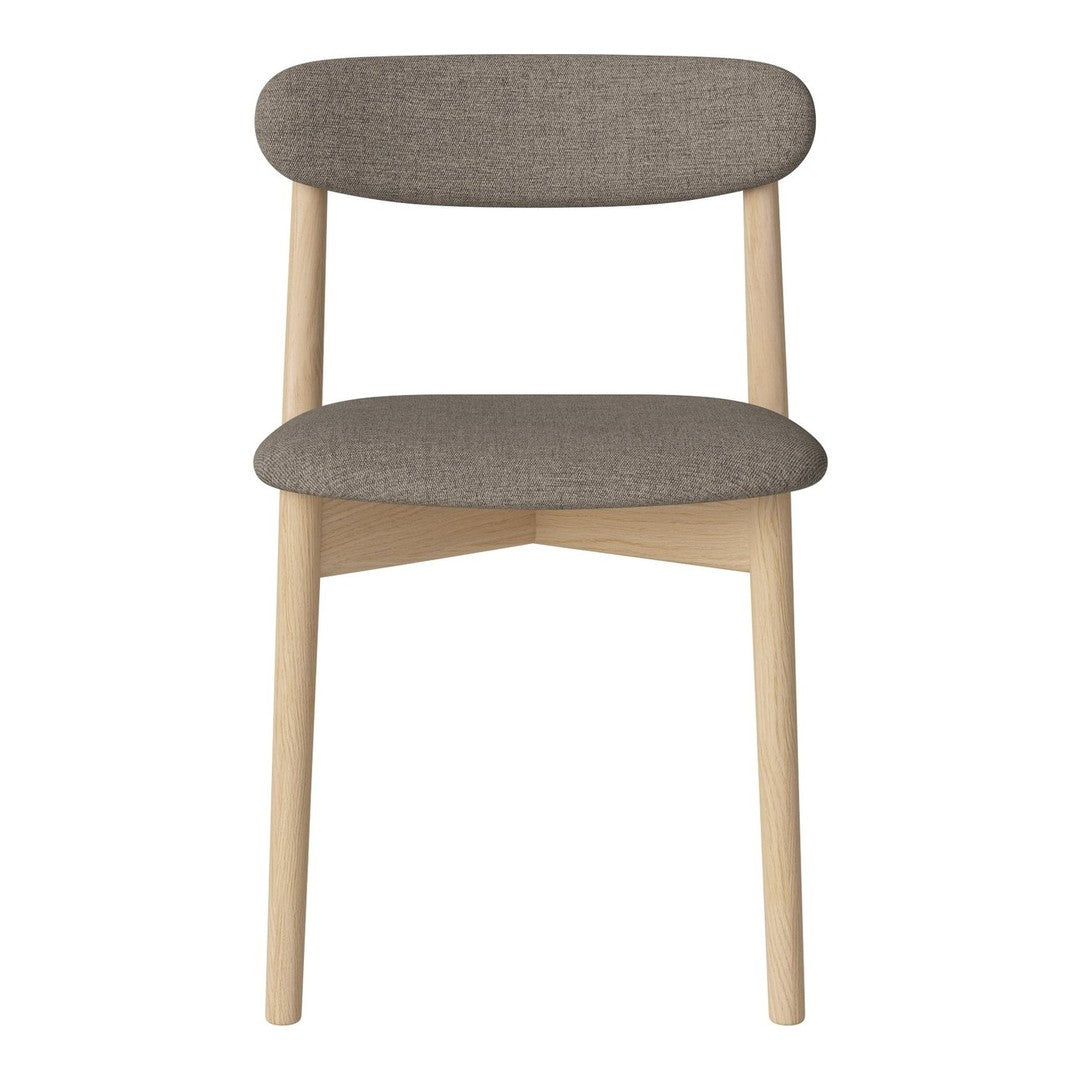 Gray upholstered chair with a minimalist design and natural wood legs, featuring curved backrest and seat.