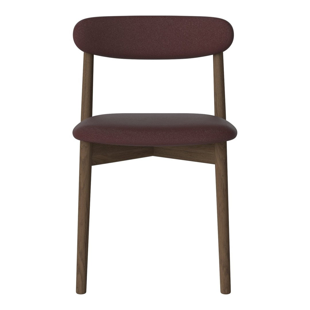 Burgundy upholstered chair with a simple, modern design and wooden legs. Perfect for stylish home decor.