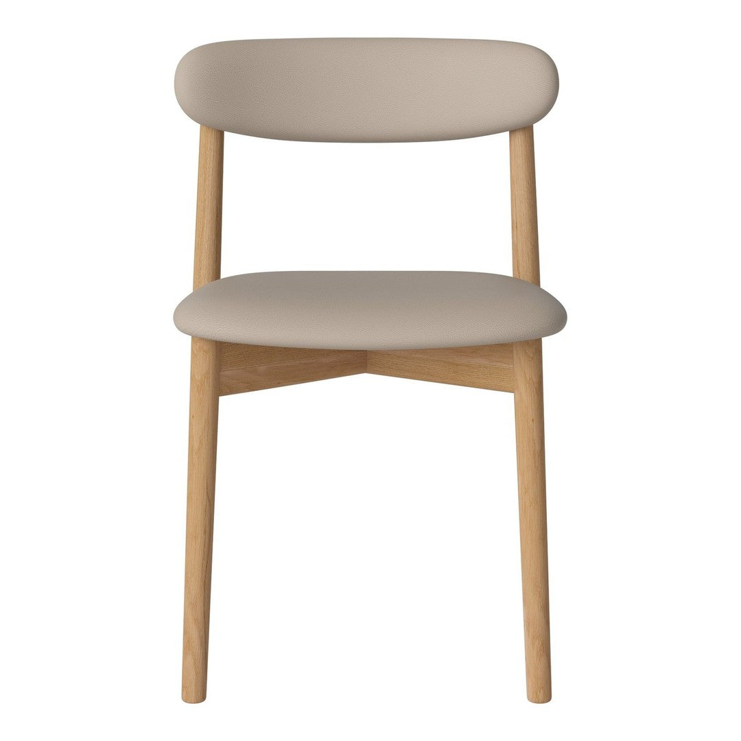 Beige upholstered chair with wooden legs, featuring a minimalist design and smooth, curved contours.