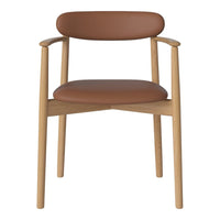 Brown leather seat with a light wood frame and smooth design, perfect for modern interior decor.