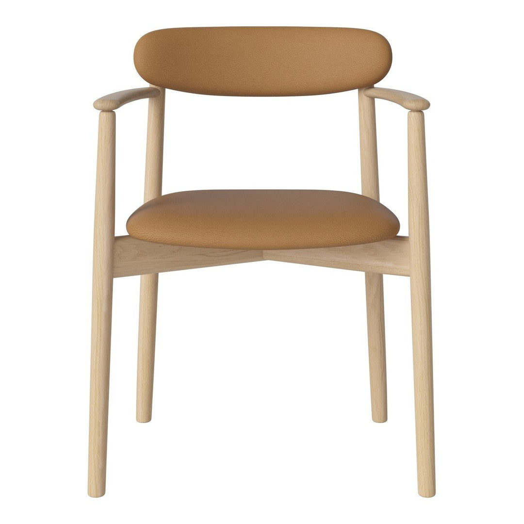 Tan leather seat with matching backrest, natural wood frame, minimalist design, no patterns.