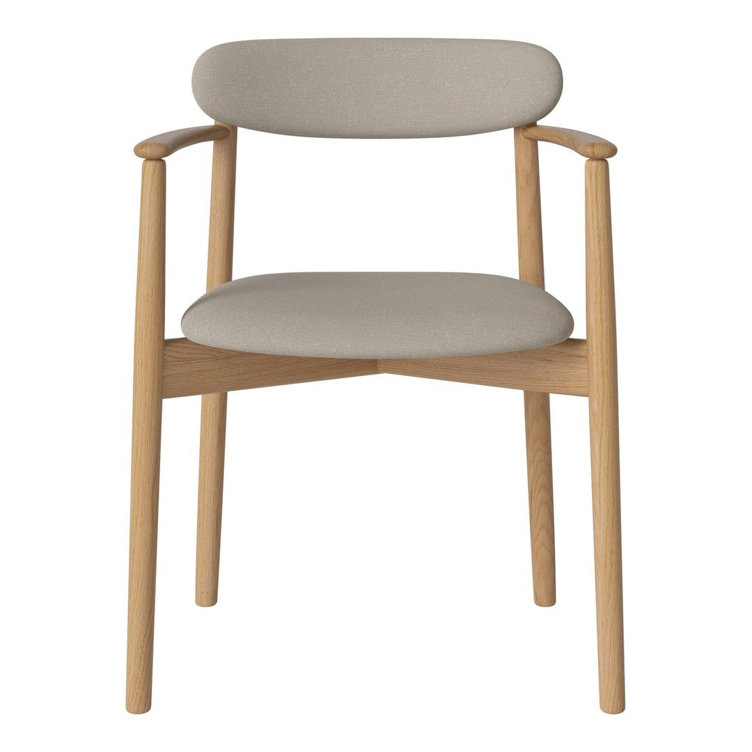 Light beige fabric chair with a natural wood frame, featuring smooth lines and minimalist design.
