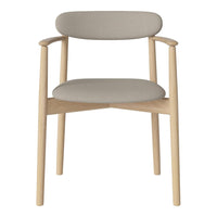 Light beige upholstered chair with natural wood legs and clean, minimalist design. Perfect for modern decor.