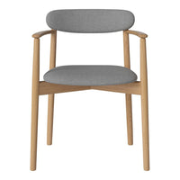 Gray upholstered chair with a minimalist design and natural wood frame. Perfect for modern interiors.