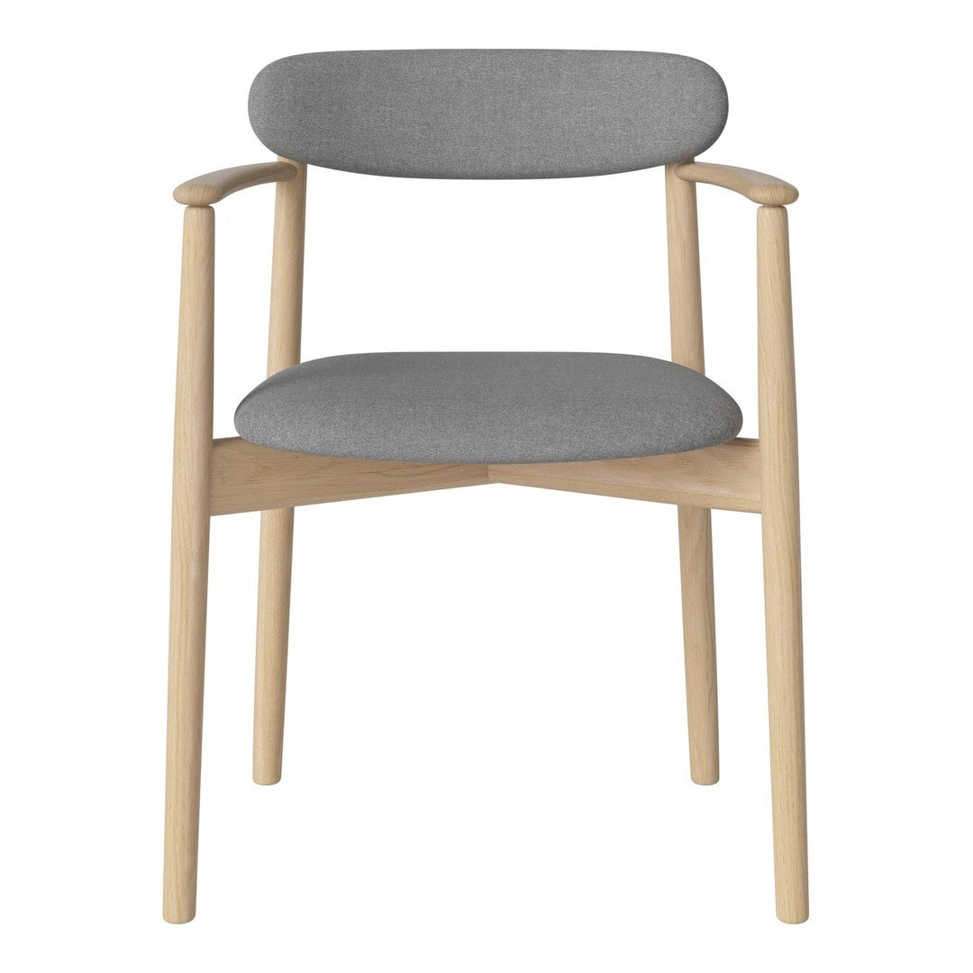 Minimalist grey upholstered chair with natural wood accents and a clean, modern design. Perfect for any decor.