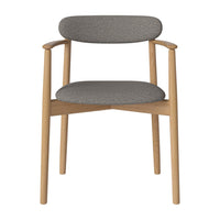 Gray upholstered chair with a simple pattern, complemented by natural wood legs. Modern and stylish design.