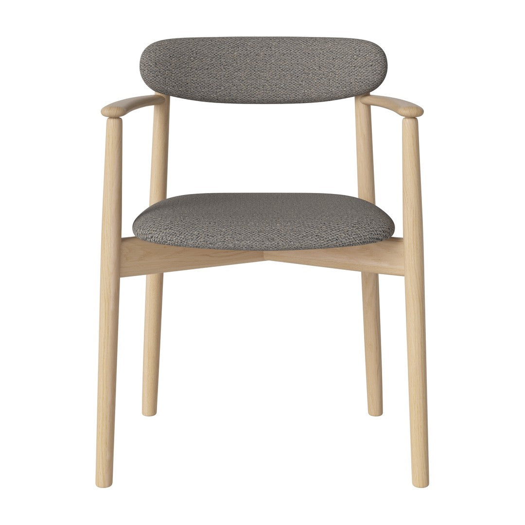 Gray cushioned chair with light wood arms and legs, featuring a simple, modern design.