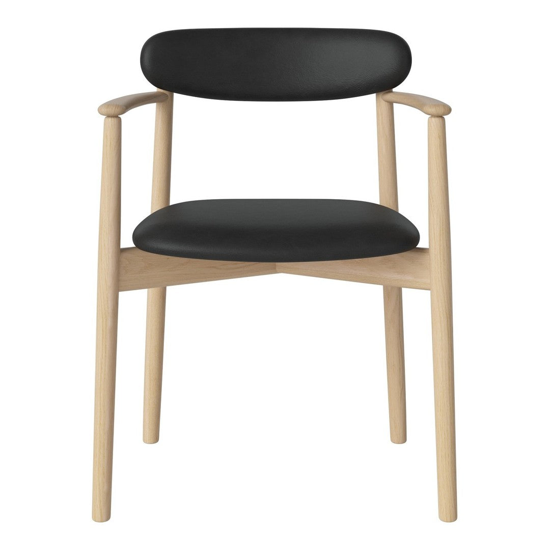 Black padded seat and backrest with natural wood arms and legs, featuring a minimalist design.