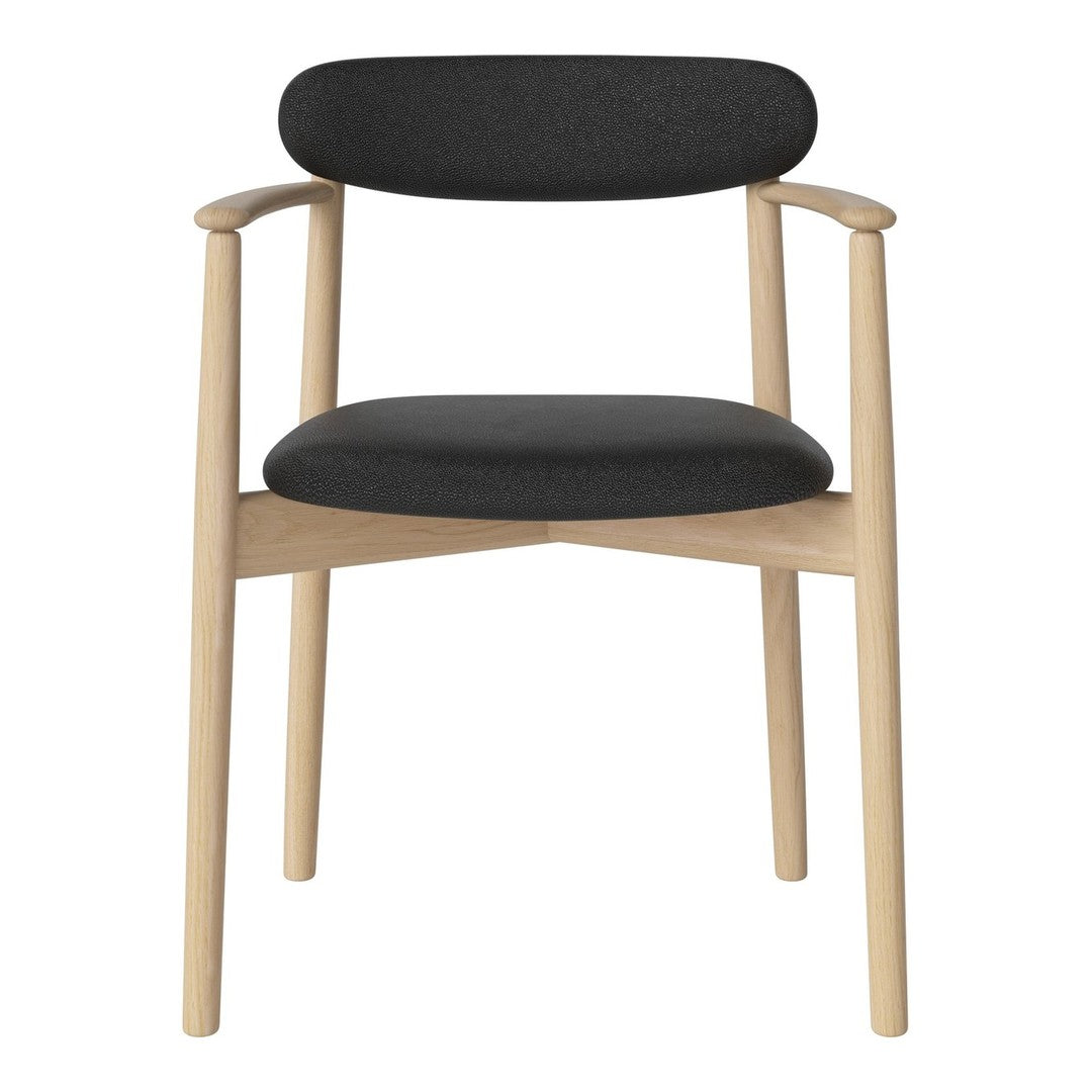 Black upholstered chair with natural wood frame, featuring a sleek, modern design and minimalist style.