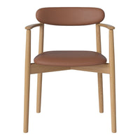 Brown leather seat and backrest with natural wood legs, offering a modern, minimalist design.