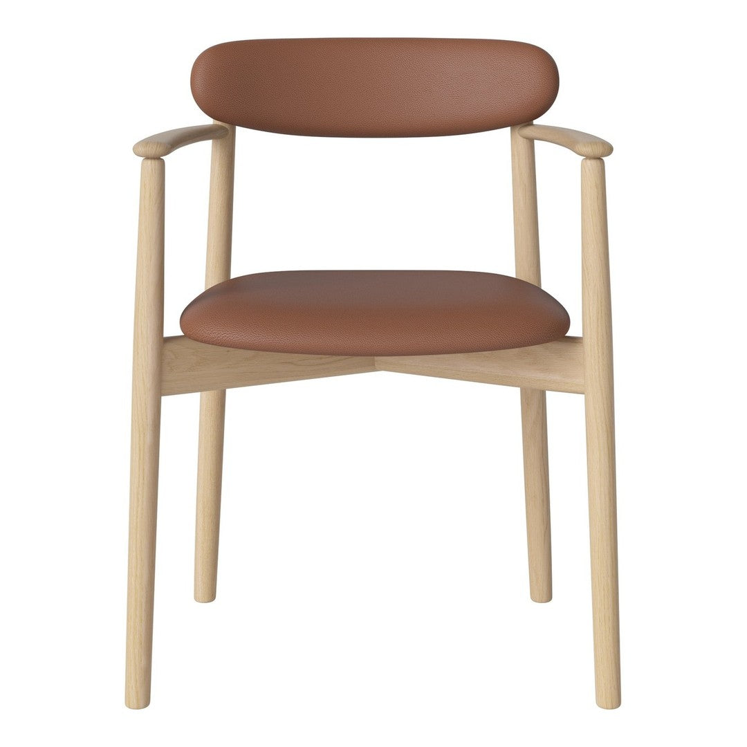 Light wooden chair with a smooth, rounded brown leather seat and backrest, featuring minimalist design.