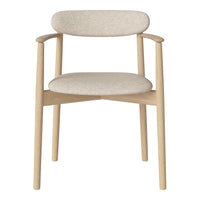 Beige upholstered chair with a light wood frame, featuring a minimalist and modern design.