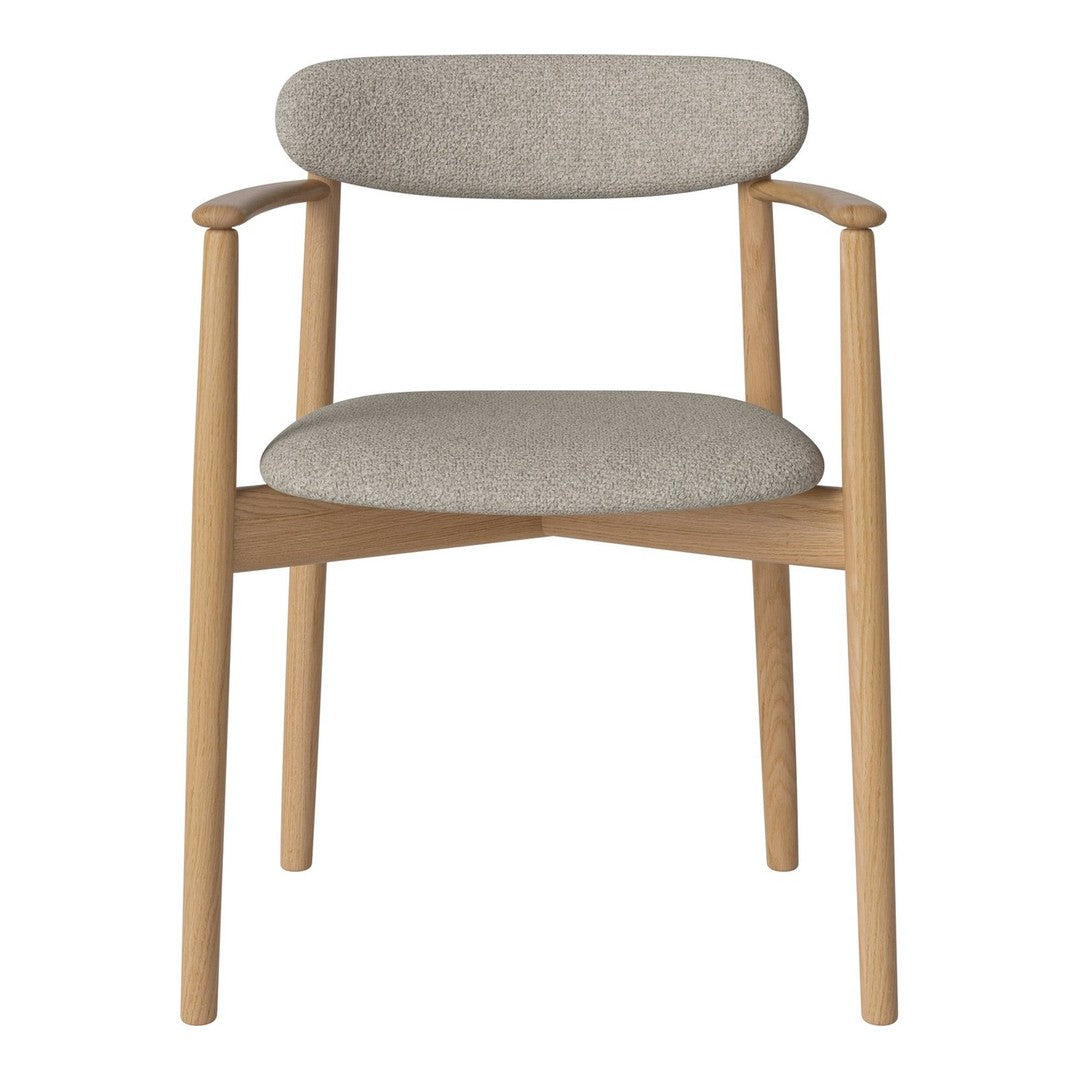 Light gray upholstered chair with a minimalist design and light wood legs. Features subtle textures for a modern look.