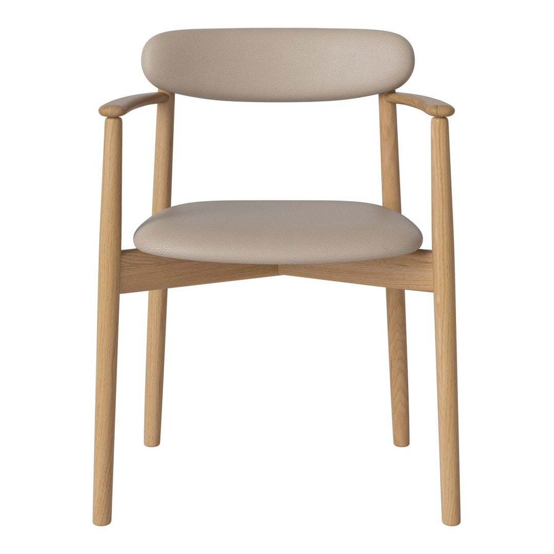 Beige upholstered chair with light wood frame and smooth, minimalist design. Perfect for modern interiors.