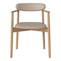 Beige upholstered chair with light wood frame and smooth, minimalist design. Perfect for modern interiors.