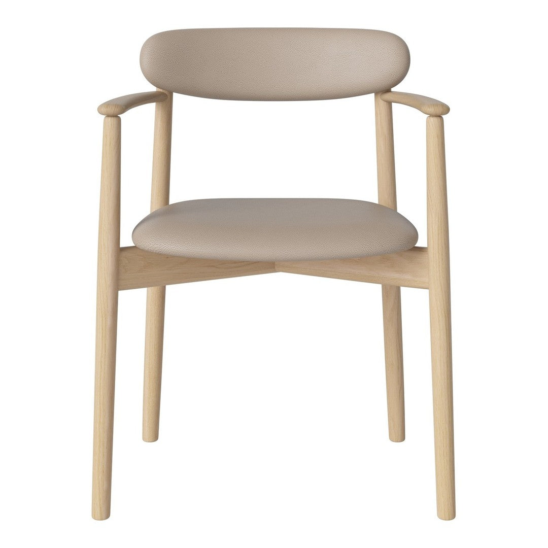 Beige upholstered chair with smooth, rounded backrest and natural wood legs in a minimalist design.
